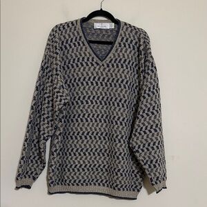 Vintage Bill Blass V-Neck knit Sweater Blue Gray checkered men L grandpa Y2K
